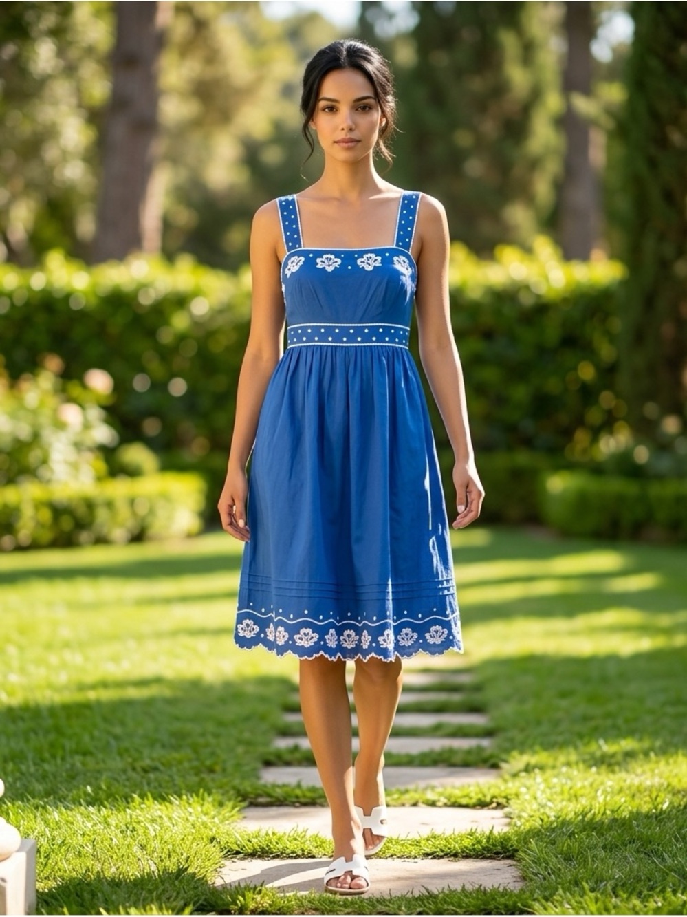 Carole Little Embroidered Sleeveless Square Neck Blue Dress Size 10